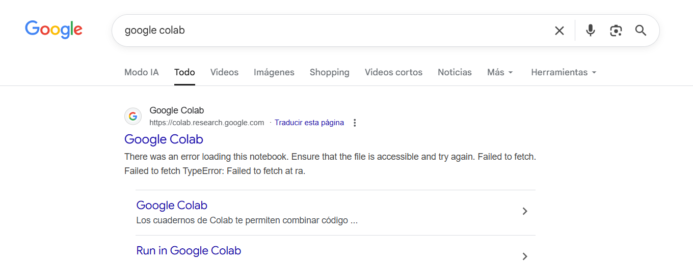 Pantalla del buscador al escribir Google Colab