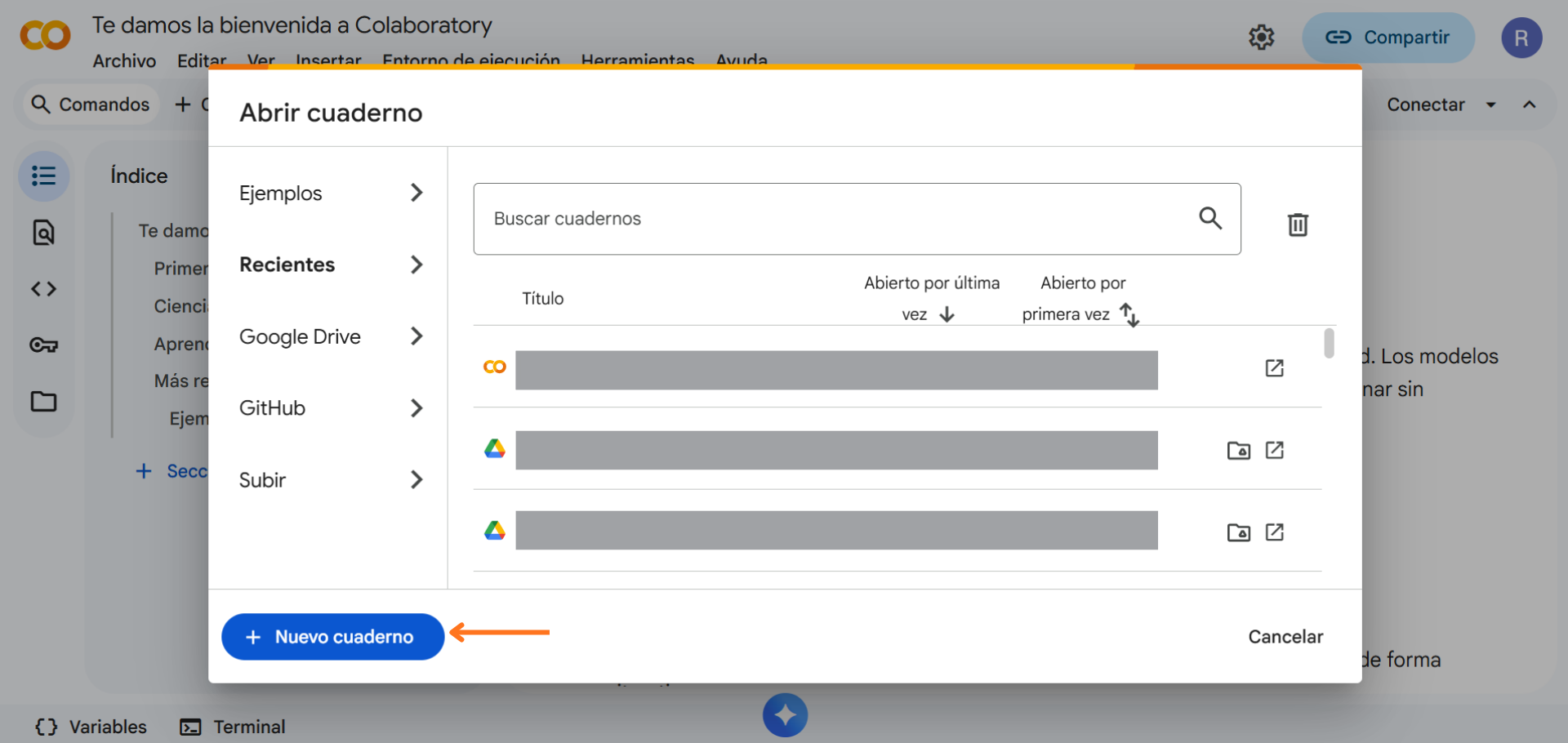 Página de inicio de Google Colab, con opciónes para ingresar a un cuadrno de colab antiguo o crear una nuevo