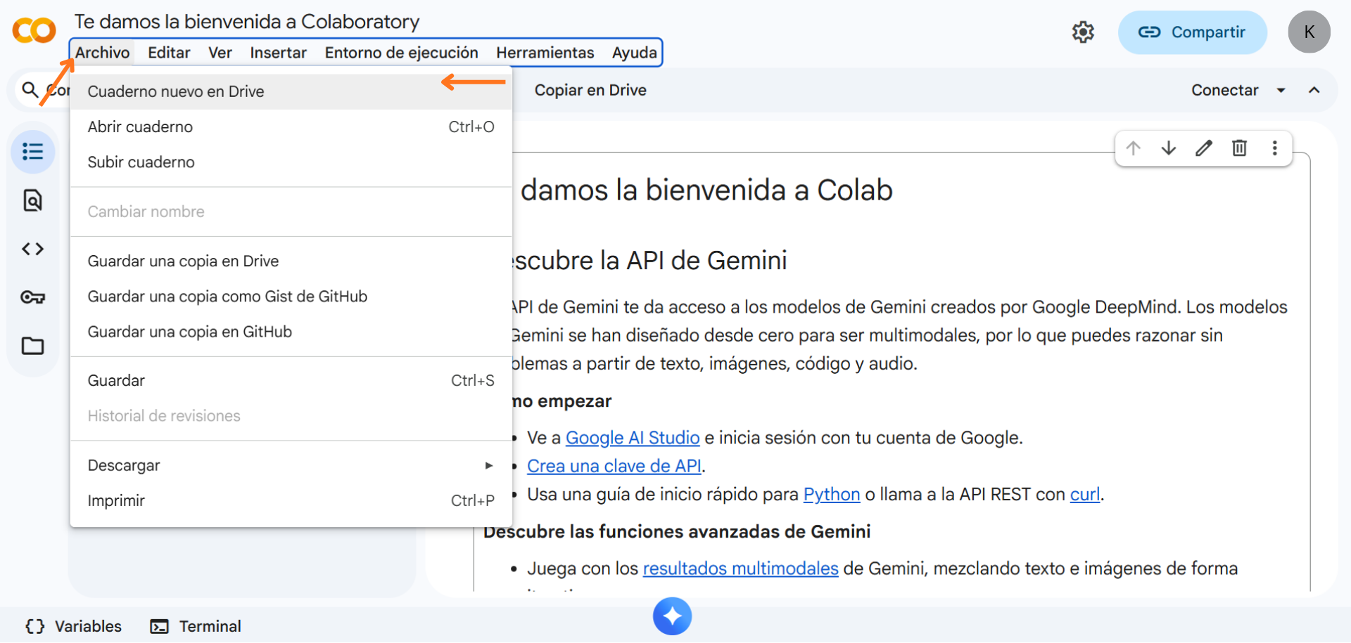 Página de inicio de Google Colab, donde desde el menú superior podemos crear un nuevo archivo